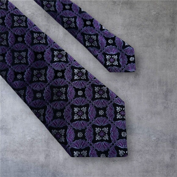 IKE BEHAR Silk Tie Floral geometric 100% Silk Necktie Black/Purple - Picture 6 of 7